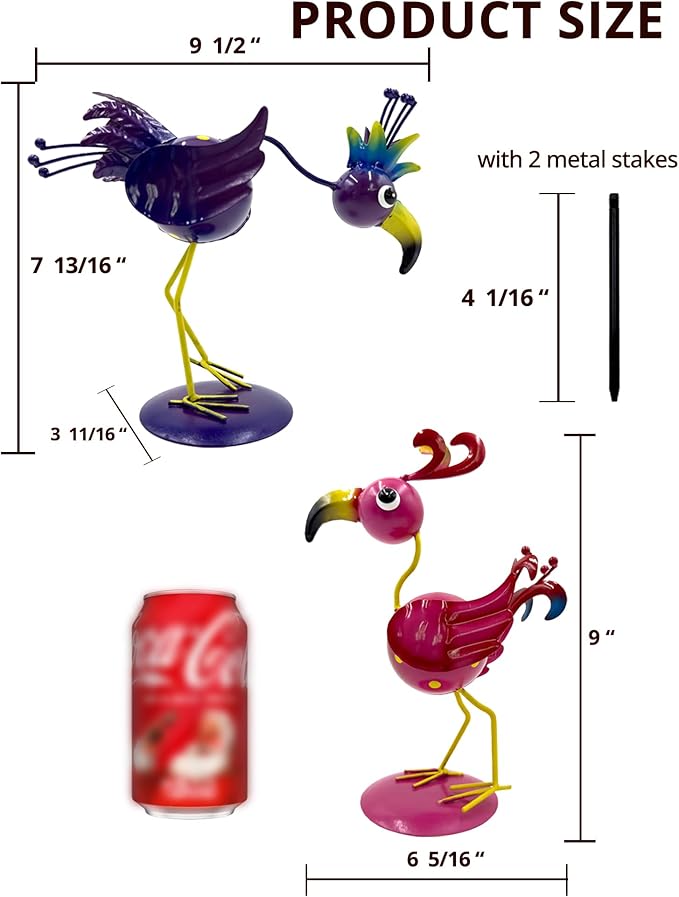 Metal Bird Statues for Outdoor Garden (with Round Base and Stake)(Weathering Resistant) 2 Pack Handcrafted Yard Bird Figurines Metal Art, Cute Lawn Ornaments Funny Decor Gift (Pink & Purple)