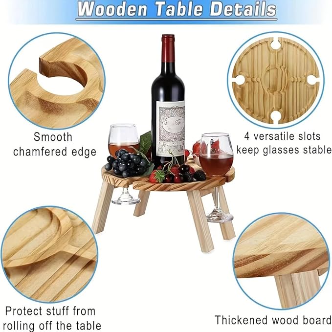 Portable Wooden Picnic Table with Wine Glass Holder - Foldable 2-in-1 Outdoor Snack Tray for Cheese & Fruit, Collapsible Camping Table with Integrated Glass Rack