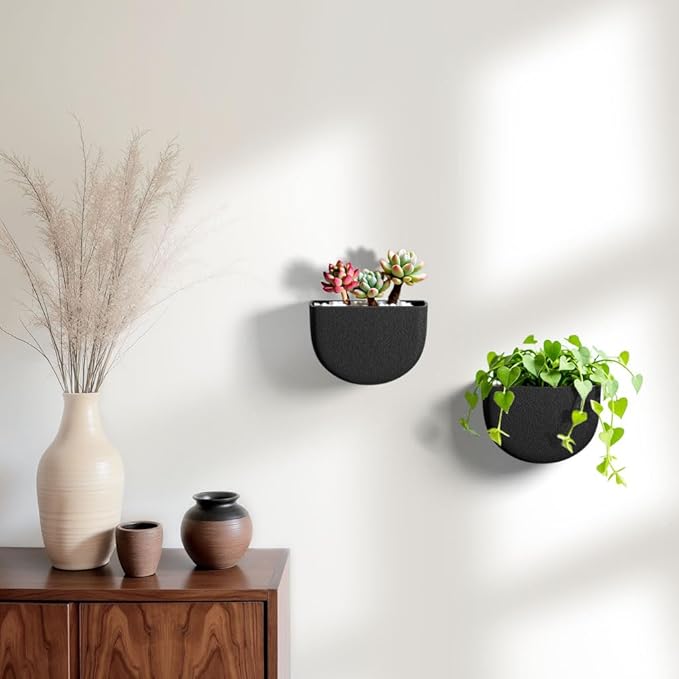 2 Pack Wall Hanging Planter Pots for Indoor and Outdoor Plants, 7 Inch Half-Moon-Shaped Plastic Wall Planter, Wall Mounted Succulent Planters (Black)