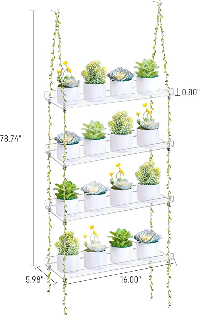 Sumerflos Acrylic Window Boxes Window Plant Shelves 4 Tier - Clear Hanging Shelf Indoor Jute Twine Adjustable Plant Holder for Window Wall Living Room Balcony Natural