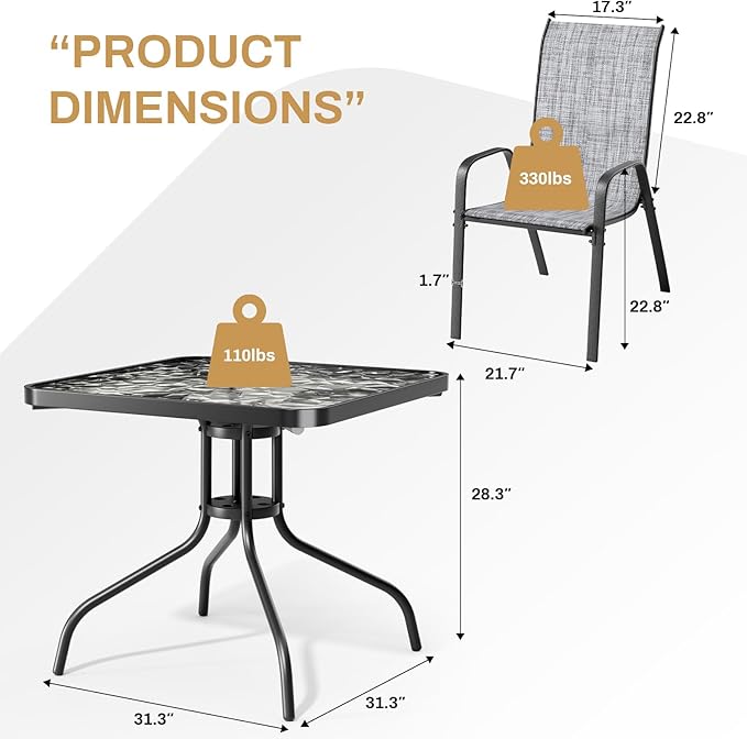 Arlopu 5 Piece Outdoor Patio Dining Set (Umbrella not Included), Porch Furniture with 4 Textline Chairs, 1 Square Glass Table for Garden, Backyard and Poolside, Lawn (Grey)