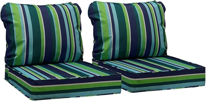 AAAAAcessories Outdoor Seat Cushions for Chairs, Fade-Resistant, Waterproof Patio Furniture Replacement Cushions, 23.5" x 25.5" x 5" + 23.5" x 19", Set of 2, Stormy Teal Coastal Stripe