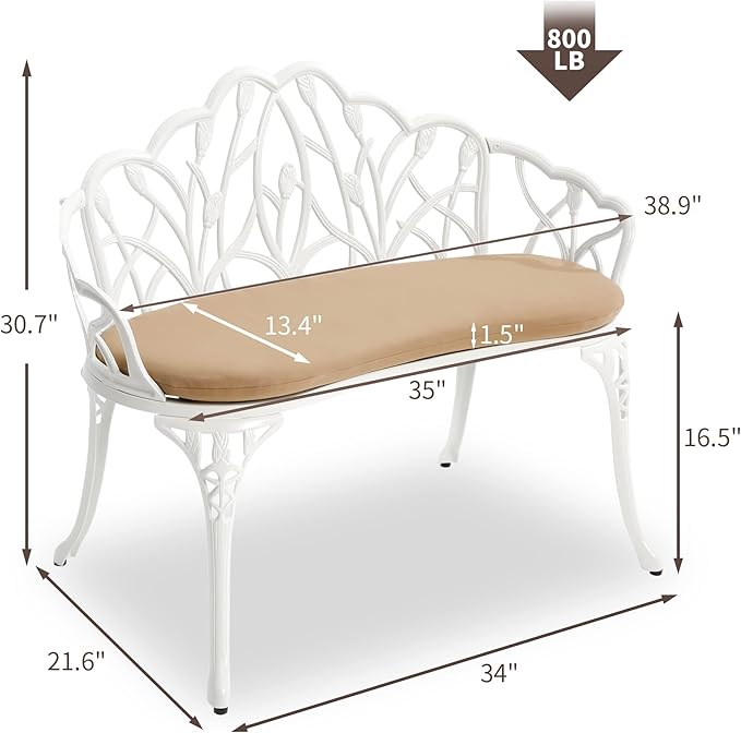 HOMEFUN Outdoor Bench with Cushion- Patio Garden Benches Metal Loveseat Cast-Aluminum Outside Furniture for Park Lawn Front Porch White