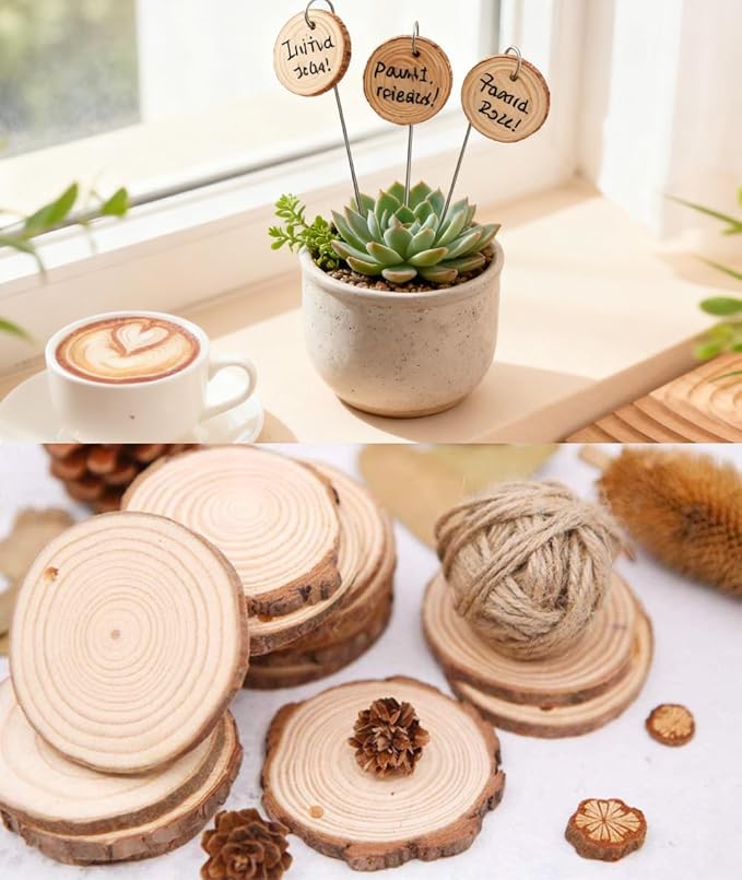 50 Pack Wooden Plant Labels, BetterJonny Natural Wood Garden Markers with Stainless Steel Stake Decorative for Outdoor Waterproof Plant Name Tags Garden Tags