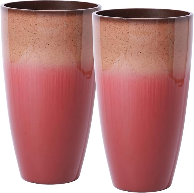 Outdoor Planter 21" Tall Planters Gardening Pots with Insert Shelf Accessories Weather-Resistant Plastic Flower Pot Front Porch Decor, Tan to Burgundy Gradient