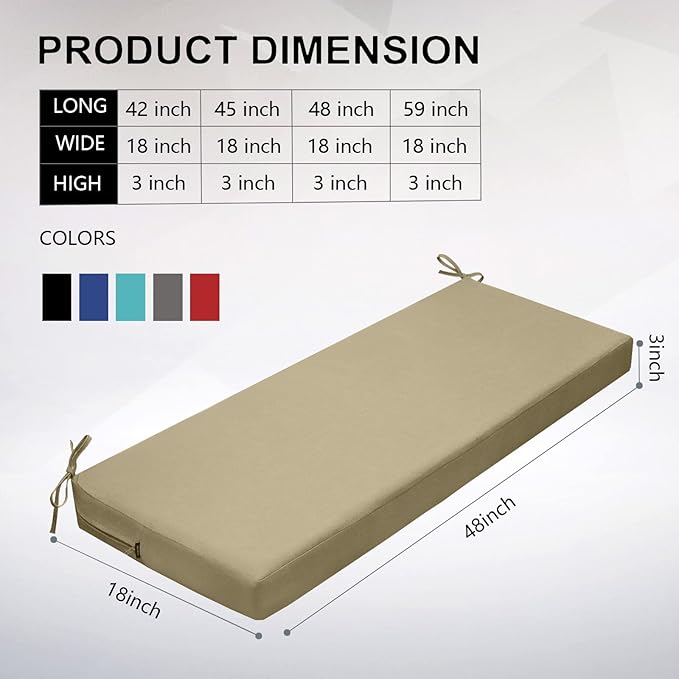 idee-home Outdoor Bench Cushion Waterproof, Bench Cushions for Outdoor Furniture, Patio Porch Swing Replacement Seat Pad with Ties for Garden Backyard, 48 x 18 Inch