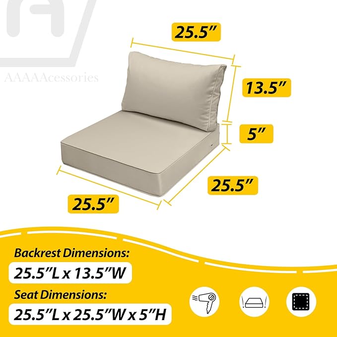 AAAAAcessories Outdoor Seat Cushions for Chairs, Fade-Resistant, Waterproof Patio Furniture Replacement Cushions, 25.5" x 25.5" x 5" + 25.5" x 13.5", Beige