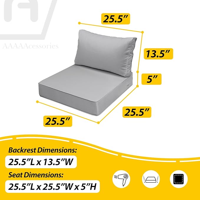 AAAAAcessories Outdoor Deep Seat Cushions, Waterproof, Fade-Resistant Patio Furniture Replacement Cushions, 25.5" x 25.5" x 5" + 25.5" x 13.5", Set of 4, Gray