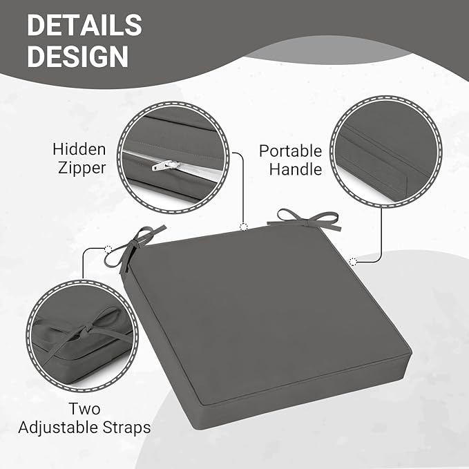 downluxe Waterproof Outdoor Chair Cushions Set of 4, 19" x 19" x 3" Patio Chair Cushion with Non-Slip Ties & Handle, Square Outdoor Cushion for Patio Furniture with Removable Cover, Dark Grey