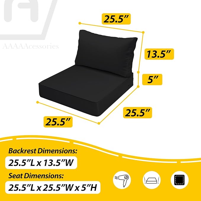 AAAAAcessories Outdoor Deep Seat Cushions, Waterproof, Fade-Resistant Patio Furniture Replacement Cushions, 25.5" x 25.5" x 5" + 25.5" x 13.5", Set of 2, Black