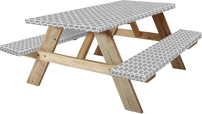 KENOBEE 6ft Picnic Table and Bench Cover, Camping Essentials RV Gear, 72in Waterproof Windproof Outdoor Elastic All Around Tablecloth, Fitted Rectangle Tables and Seats, Gray-White Moroccan