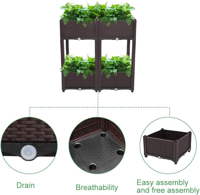 Raised Garden Beds, Planter Box, Self-Watering Plastic Planter for Indoor Outdoor Vegetables, Fruits, Potato, Flowers (4 Pcs)