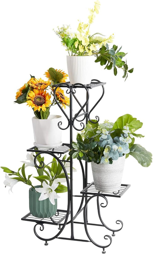 unho Metal Plant Stand Black: 4 Tier Flower Pot Display Rack with Potted Planter Shelves Indoor Storage Shelf Holder for Balcony Living Room Patio Garden Entryway Décor (Black)