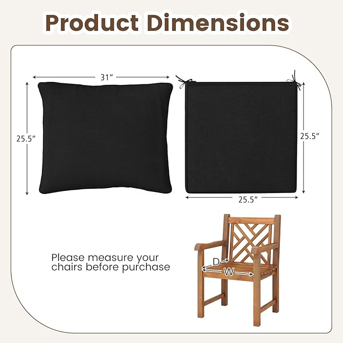 Giantex Patio Cushion Set, Outdoor Chair Seat Pads w/Non-Slip Rope Belts, Detachable Patio Furniture Cushions, Thick Seat Cushion & Back Cushion for Living Room Floor Sofa Patio Garden Chair (Black)