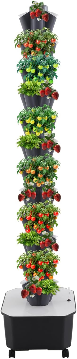 Hydroponic Grow Tower 12 Tiers 60 Holes, 6.6Gal Indoor Vertical Garden System with Water Pump, Automatic Water Circulation - Garden Hydroponic Growing Kit for Leafy Vegetables, Herbs, Strawberries