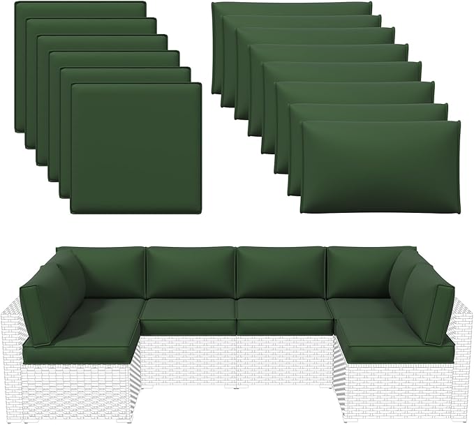 Aoxun Outdoor Replacement Cushions for Patio Furniture, Waterproof Sofa Cushion for 6-Seat Rattan Wicker Sectional Patio Conversation Sets, 14-Piece Cushions Set for L-Shape Couch, Green | Breathable Fabirc, Non-slip Bottom, Removable Cover, Bullhorn B...