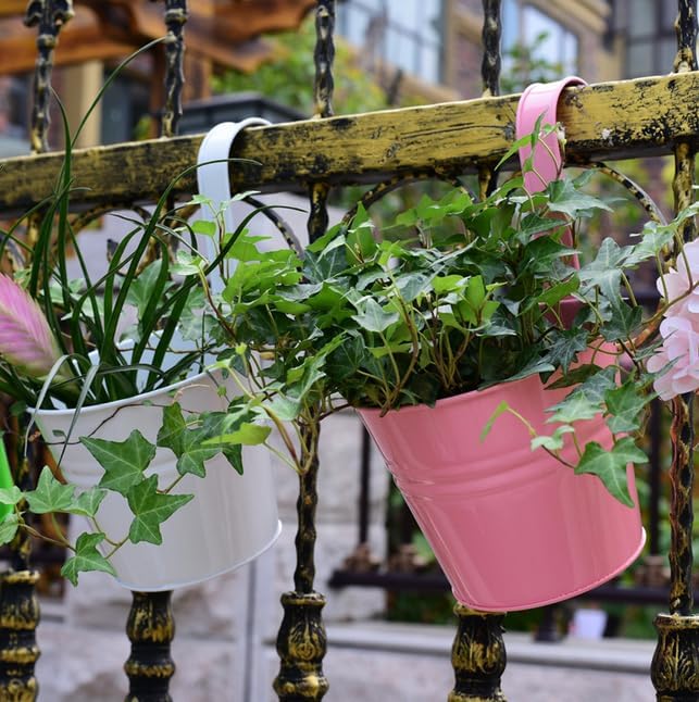 Leoyoubei Hanging Flower Pots for Outdoor Indoor Plants with Removable Hooks -5 Pack Metal Buckets Plant Pots Wall Fence Home Decor-Storage Box,Drainage Holes -5''Diameter (Pink)