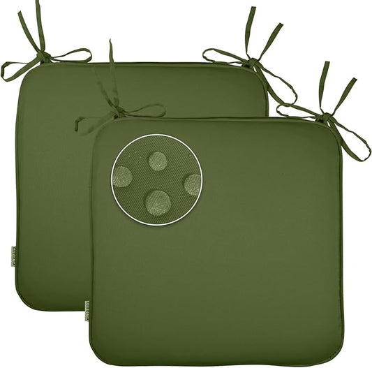 GUEGLSA Outdoor Indoor Waterproof Seat Cushions,16x16 Inches Patio Chair Cushion with Ties,Machine Washable Seat Pad for Home Garden Kitchen Dining Office Chair,Set of 2,Green