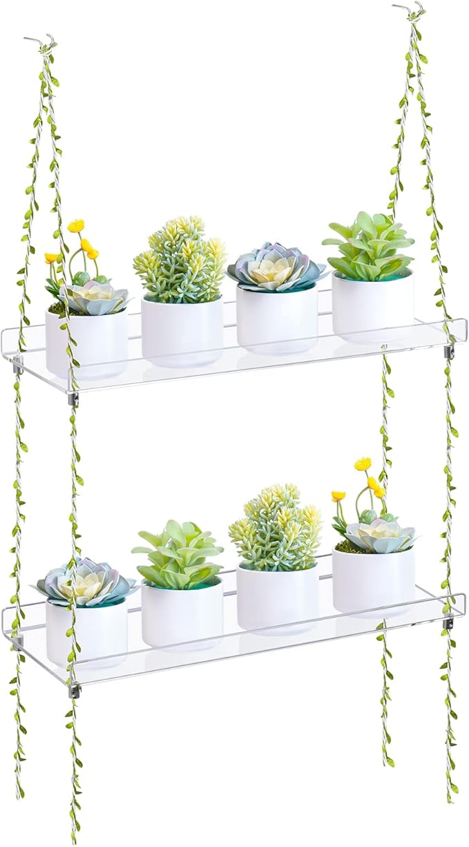Sumerflos Acrylic Window Boxes Window Plant Shelves 2 Tier - Clear Hanging Shelf Indoor Jute Twine Adjustable Plant Holder for Window Wall Living Room Balcony Natural