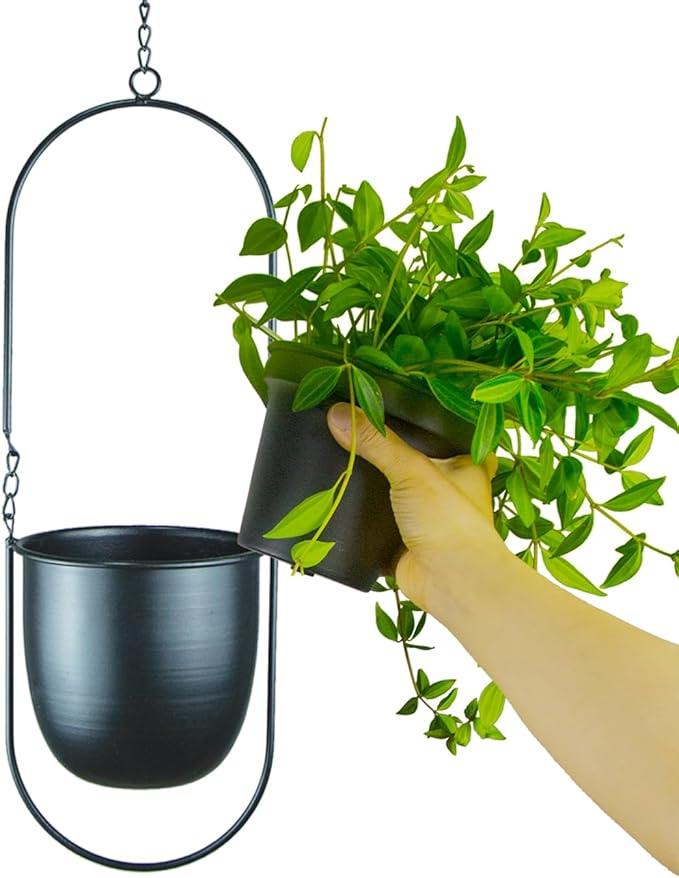 Metal Oval Hanging Planter, Set of 2 Black Geometric Plant Hangers with 6 inch Flower Pots in Oval Shape, Modern Wall and Ceiling Plant Holders for Indoor Outdoor Plants Home Décor