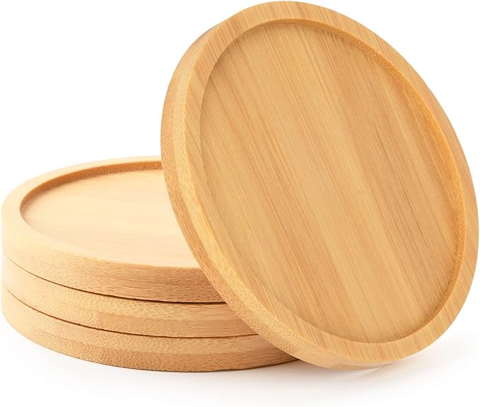 Cosmos 4 Pcs Bamboo Plant Saucer Succulent Pot Holder Drainage Tray with Raised Edge for 3.5 Inch Small Plant Flower Pots (Round Shape)