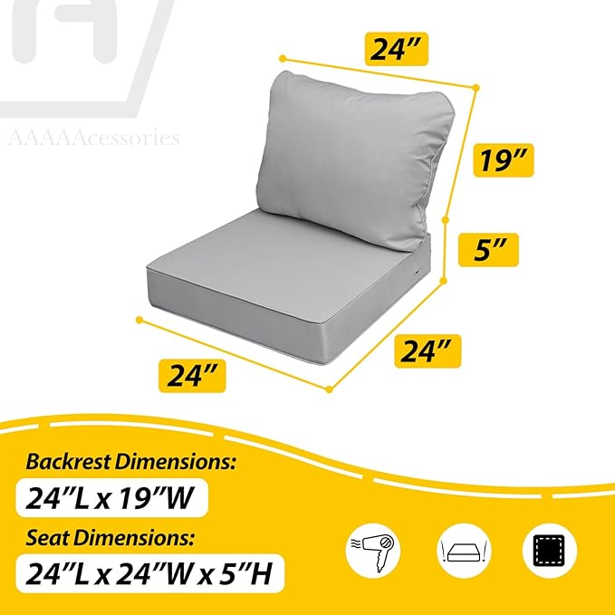 AAAAAcessories Outdoor Seat Cushions for Chairs, Fade-Resistant, Waterproof Patio Furniture Replacement Cushions, 24" x 24" x 5" + 24" x 19", Gray