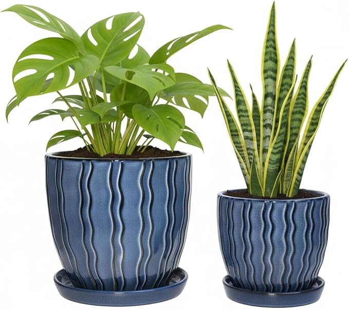 Ceramic Planter, 4.5+5.5 Inch Small Plant Pots, Flower Pots Indoor Planters with Drainage and Tray, Pot for Indoor Plants - Succulents, Snake Plant, Cactus, Aloe Vera, Herb for Home Decor(Glaze Blue)
