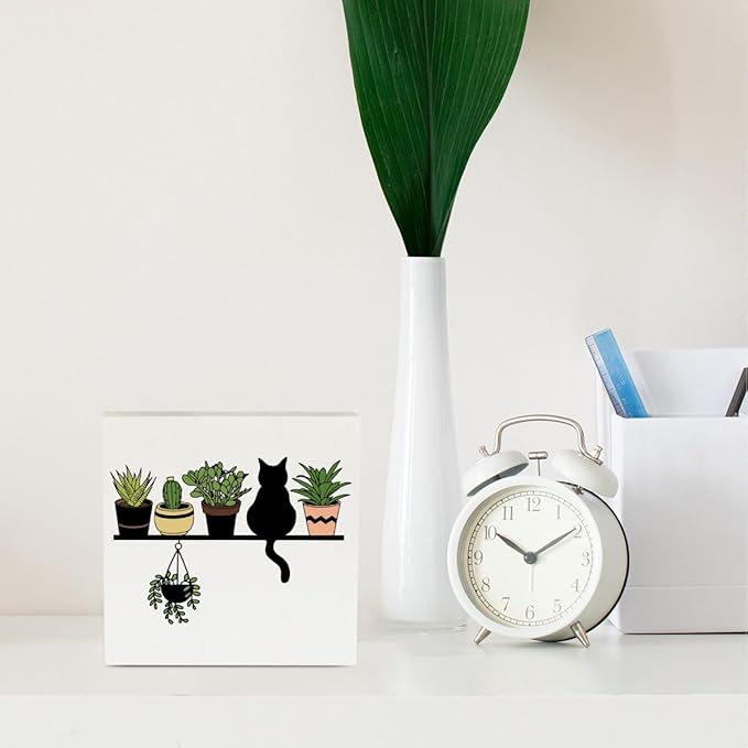Cats and Plants Lover Gift, Gardening Gifts for Women Rustic Garden Decor Wooden Box Sign Block Plaque Gardener Planter Plant Lover Gifts for Home Farmhouse Garden Bedroom Decor