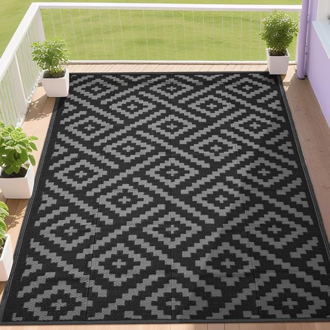 RURALITY Outdoor Rugs 8x10 Feet for Patios Clearance,Plastic Straw Waterproof Mats for Backyard,Porch,Deck,Balcony,Black&Deep Grey