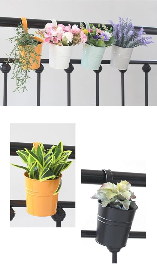 Leoyoubei Hanging Flower Pots for Outdoor Indoor Plants with Removable Hooks -5 Pack Metal Buckets Hanging Plant Pots Wall Fence Home Decor-Storage Box,Drainage Holes -5''Diameter (Black)