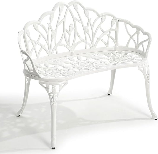 HOMEFUN Outdoor Bench, Patio Garden Benches Metal Loveseat Cast-Aluminum Outside Furniture for Park Lawn Front Porch White