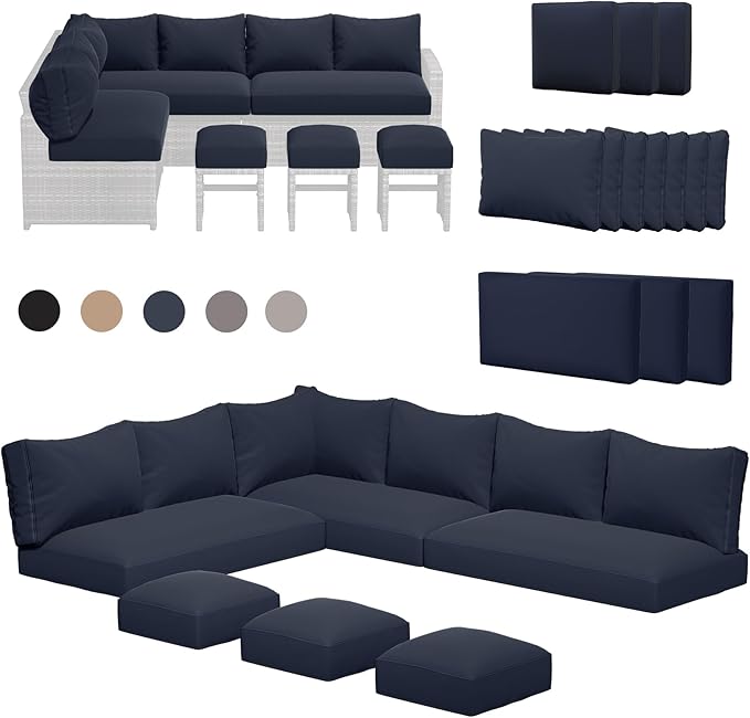 U-MAX Outdoor Cushions, 4 inch Memory Foam Patio Replacement for Outdoor Furniture, Fits 7-Seats Sectional Rattan Conversation Set, Splashproof Covers (Navy)