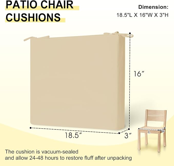 downluxe Outdoor Chair Cushions Set of 4 for Patio Furniture, Water-Resistant Square Corner Patio Chair Cushions with Ties, High Density Foam Outdoor Seat Cushion, 18.5" X 16" X 3", Beige