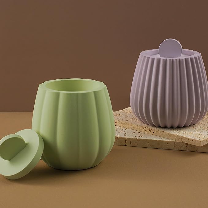 Storage Box with Lids, Silicone Candle Jar Molds Set, Creative Vessels Pot Molds, Concrete Round Stripe with Cover Bottle Making Moulds for Storage Holder (R-2Pcs)