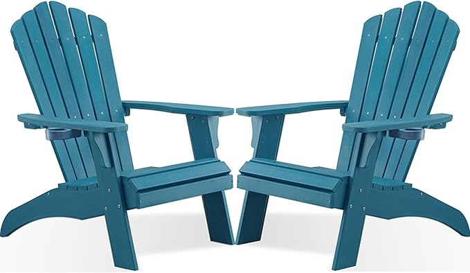 Psilvam Adirondack Chair, Oversized Poly Lumber Fire Pit Chair with Cup Holder, 350Lbs Support Patio Chairs for Garden, Weather Resistant Outdoors Seating, Relaxing Gift for Father & Mother(2, Blue)