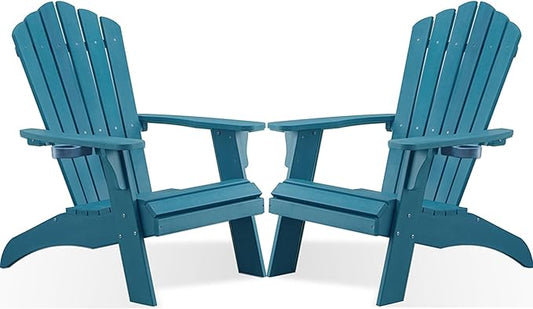 Psilvam Adirondack Chair, Oversized Poly Lumber Fire Pit Chair with Cup Holder, 350Lbs Support Patio Chairs for Garden, Weather Resistant Outdoors Seating, Relaxing Gift for Father & Mother(2, Blue)