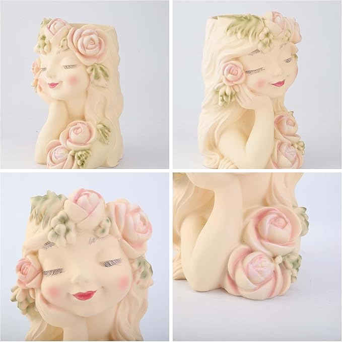 Decorative Garden Fairy Head Planter - Resin Flower Pot, Succulent Planter Holder, Tall Face Planters Pots, Phrenology Head Bust, Unique Planter Pot Sculpture, Elegant Home & Patio Decor