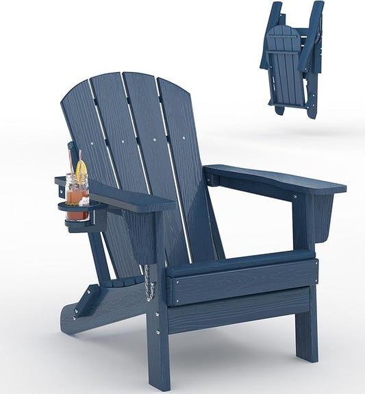 Folding Adirondack Chair, All-Weather HDPE Outdoor Chair, Wooden Textured with Cup Holder for patios, Decks, Gardens, fire pits, Navy Blue