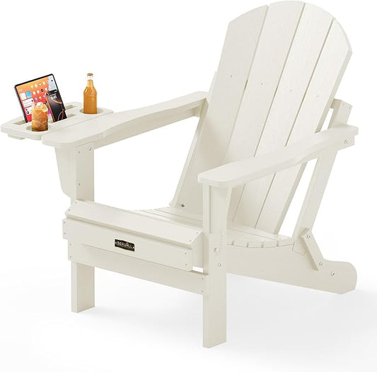 SERWALL Folding Adirondack Chair, Outdoor Adirondack Chairs with Multi-Functional Cup Holder, Wood-Like Patio Chairs, Lawn Chairs, All Weather Plastic Fire Pit Chair for Garden, Backyard, Deck - White