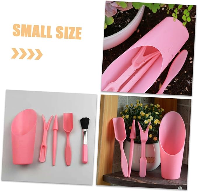 Succulent Planting Tool Set with Pink Bucket, Small Soil Scoop, Transplanter and Cleaning Brush for Indoor Gardening and Succulent Care, Sturdy Gardening Accessories for Planting