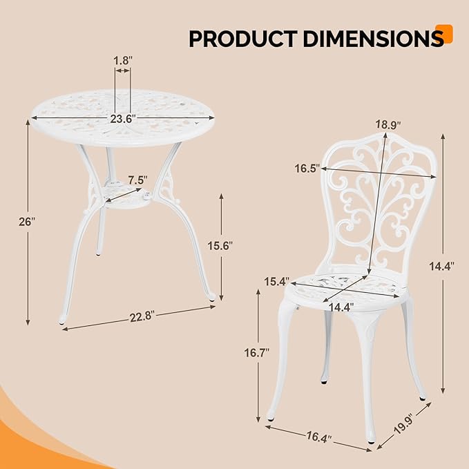 Outvita Patio Table and Chairs Set, Cast Aluminum Outdoor Cafe Table and Chairs Set of 3, Stability Patio Bistro Sets with Umbrella Hole for Garden, Patio, Balcony, Butterfly Pattern White