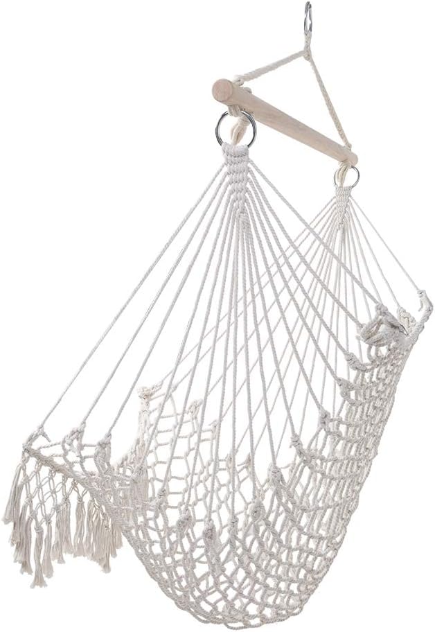 Hammock Chair Hanging Rope Swing, Hammock Net Air/Sky Chair Deluxe Cotton Rope Sling w/Tassel for Beach, Yard, Patio, Porch, Garden, Outdoor Space (Beige)