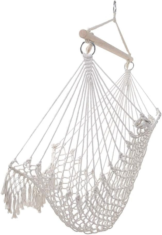 Hammock Chair Hanging Rope Swing, Hammock Net Air/Sky Chair Deluxe Cotton Rope Sling w/Tassel for Beach, Yard, Patio, Porch, Garden, Outdoor Space (Beige)