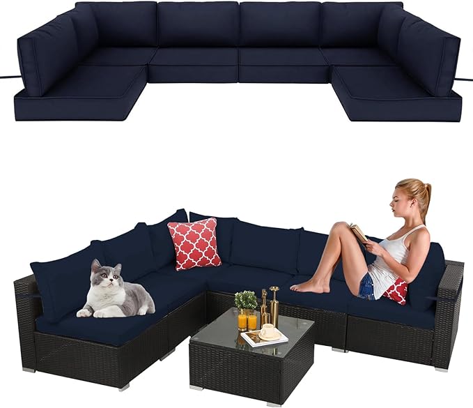 14 Pieces Outdoor Sectional Replacement Cushions for Patio Furniture, 4in Thick Outdoor Sofa Cushions for 6 Seat, Waterproof Deep Seat Couch Patio Cushion Set (Navy Blue)