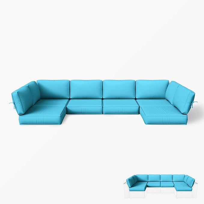 Outdoor Replacement Cushions for Patio Furniture, 5" Foam High-Density, 14-Piece Water-Resistant Outdoor Cushion for 6-Seat Sectional Patio Conversation Sets, Liner&Cover