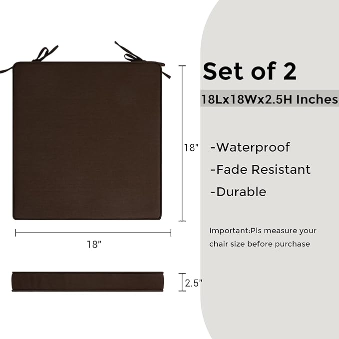 Outdoor Chair Cushions 18x18 Inch,Set of 2,Water Resistant Chair Pads with Ties,Square Seat Cushion 18"x18"x2.5",Patio Chair Cushion for Garden,Backyard Furniture(Chocolate Brown)