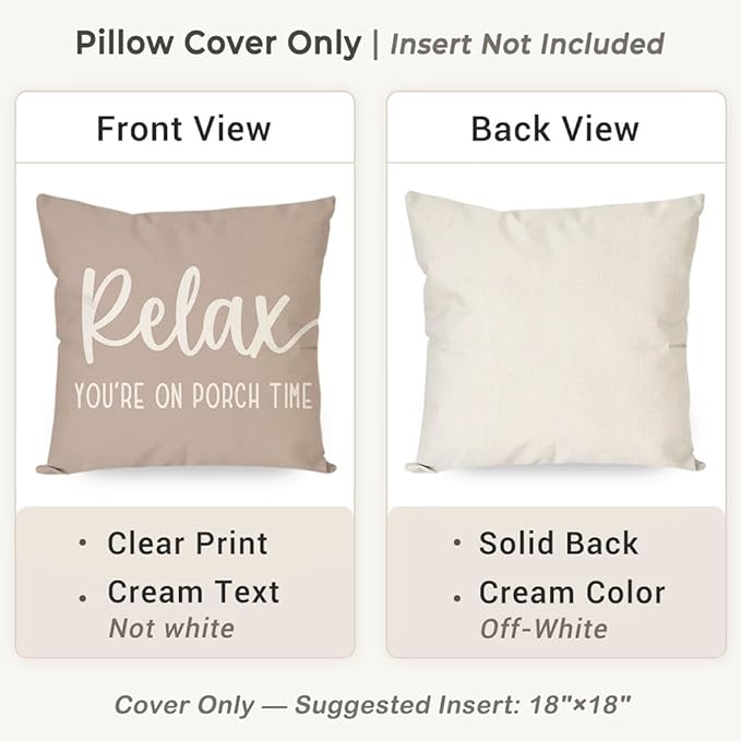 PANDICORN Decorative Throw Pillow Covers 18x18 Inch Relax Porch Time Beige Outdoor Rustic Farmhouse Pillow Decorative Throw Pillows Cases Cushion Covers Decorations for Porch Couch Sofa Decor