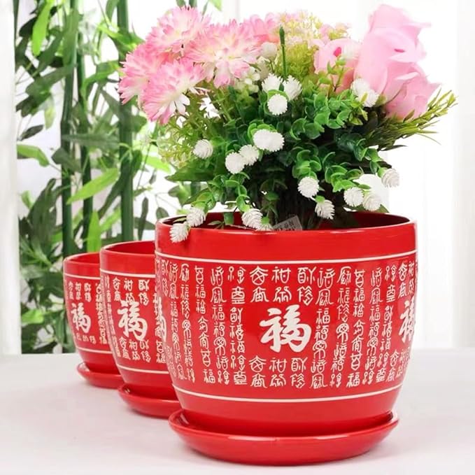 Ceramic Red Planters Pot with Drainage Hole and Saucer, Home/Garden Outdoor Decorative, Tray for Wedding - Outside Chinese Characters Meaning Fortune,Plants Not Included
