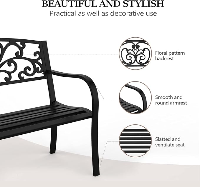VINGLI Outdoor Bench for Patio Metal Garden Bench w/PVC Back Pattern, Black Park Benches Front Porch Benches for Yard Lawn Decor Deck Entryway (Black-Floral)
