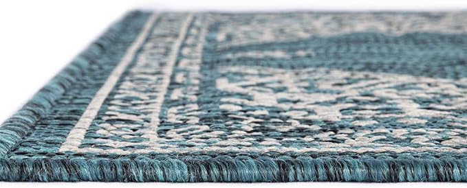 Unique Loom Outdoor Traditional Collection Area Rug - Antique (10' x 14' 1" Rectangle Teal/Ivory)